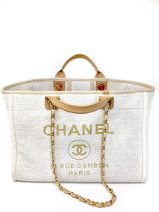 pre-owned chanel deauville canvas white 