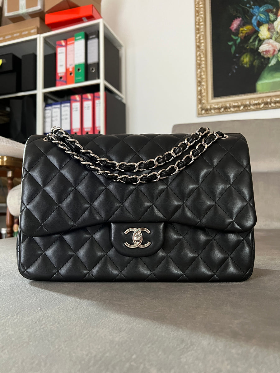 Chanel Lambskin Quilted Jumbo Double Flap Black Silver Hardware