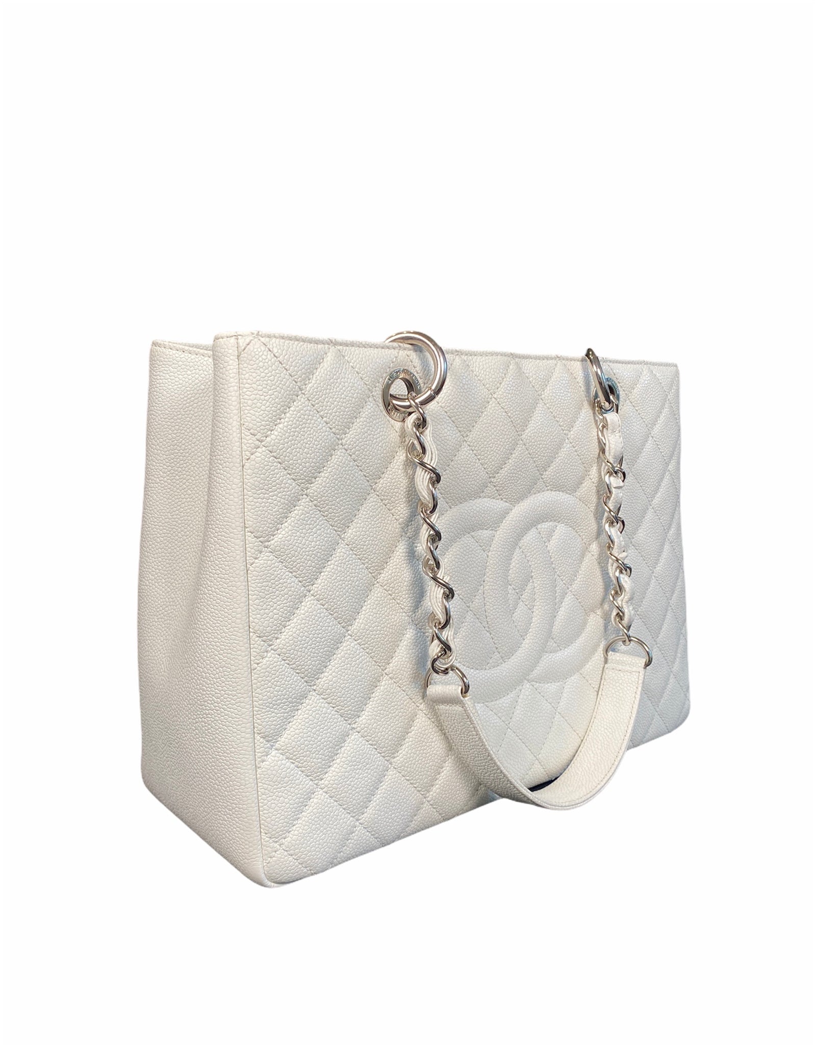 Chanel White Caviar Leather Quilted Grand Shopper Tote GST Bag For