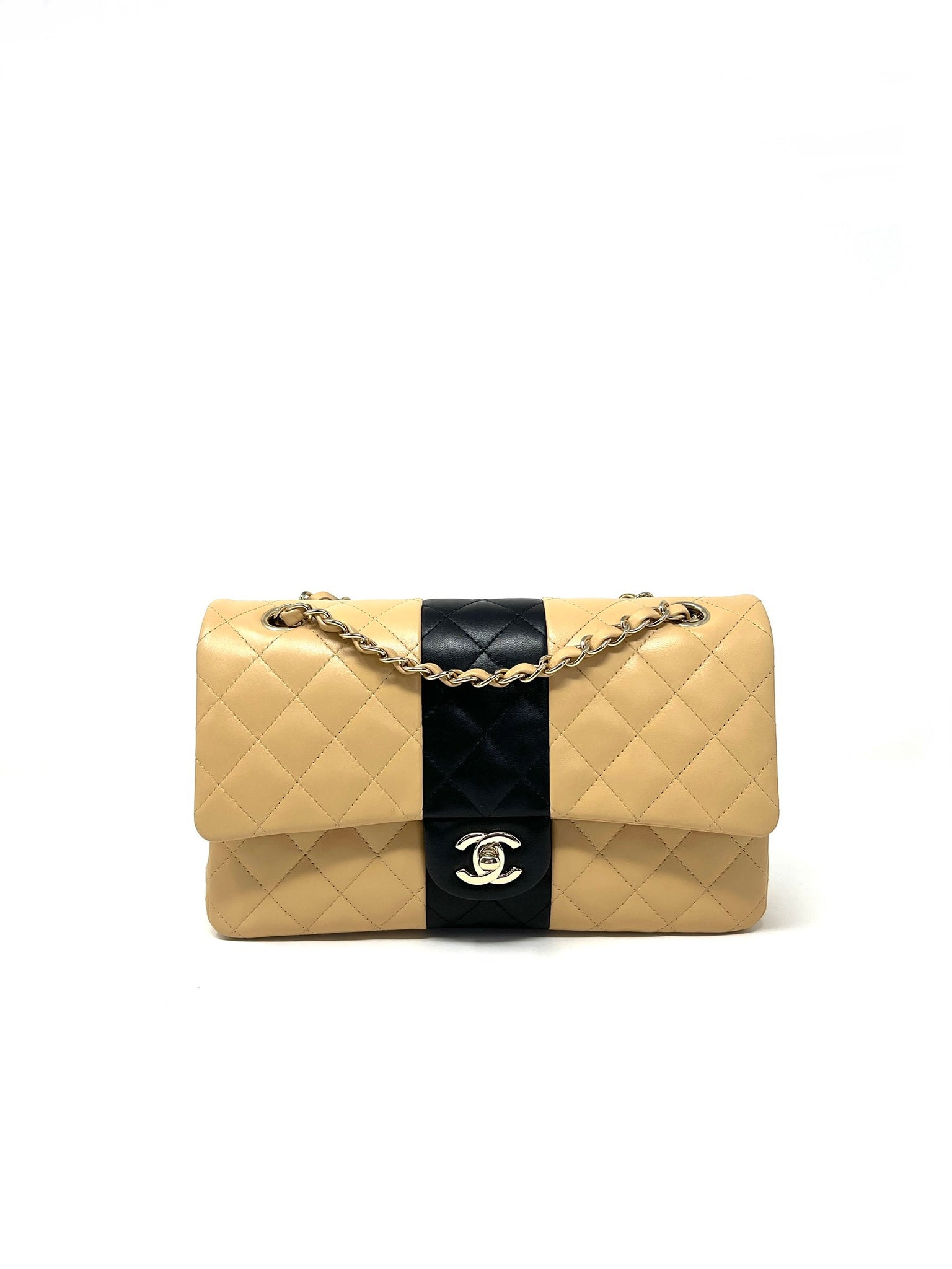 Chanel shoulder bag ladies' beige black gold matelasse bicolor
