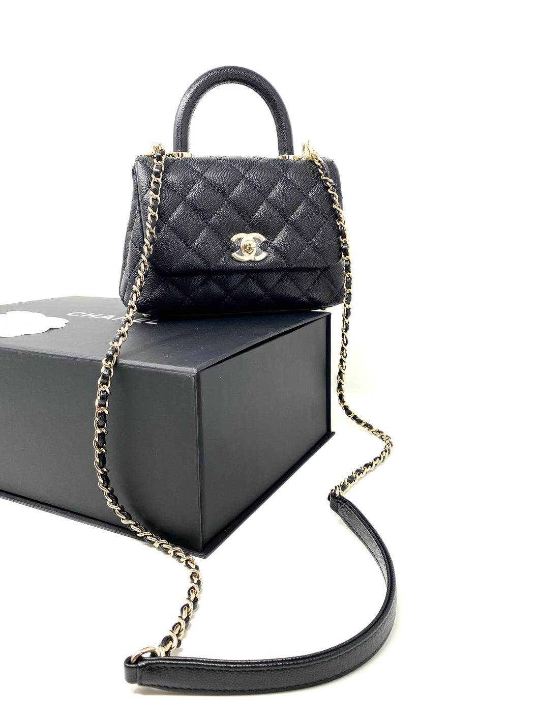 Chanel Black Quilted Caviar Coco Top Handle Flap Bag Silver