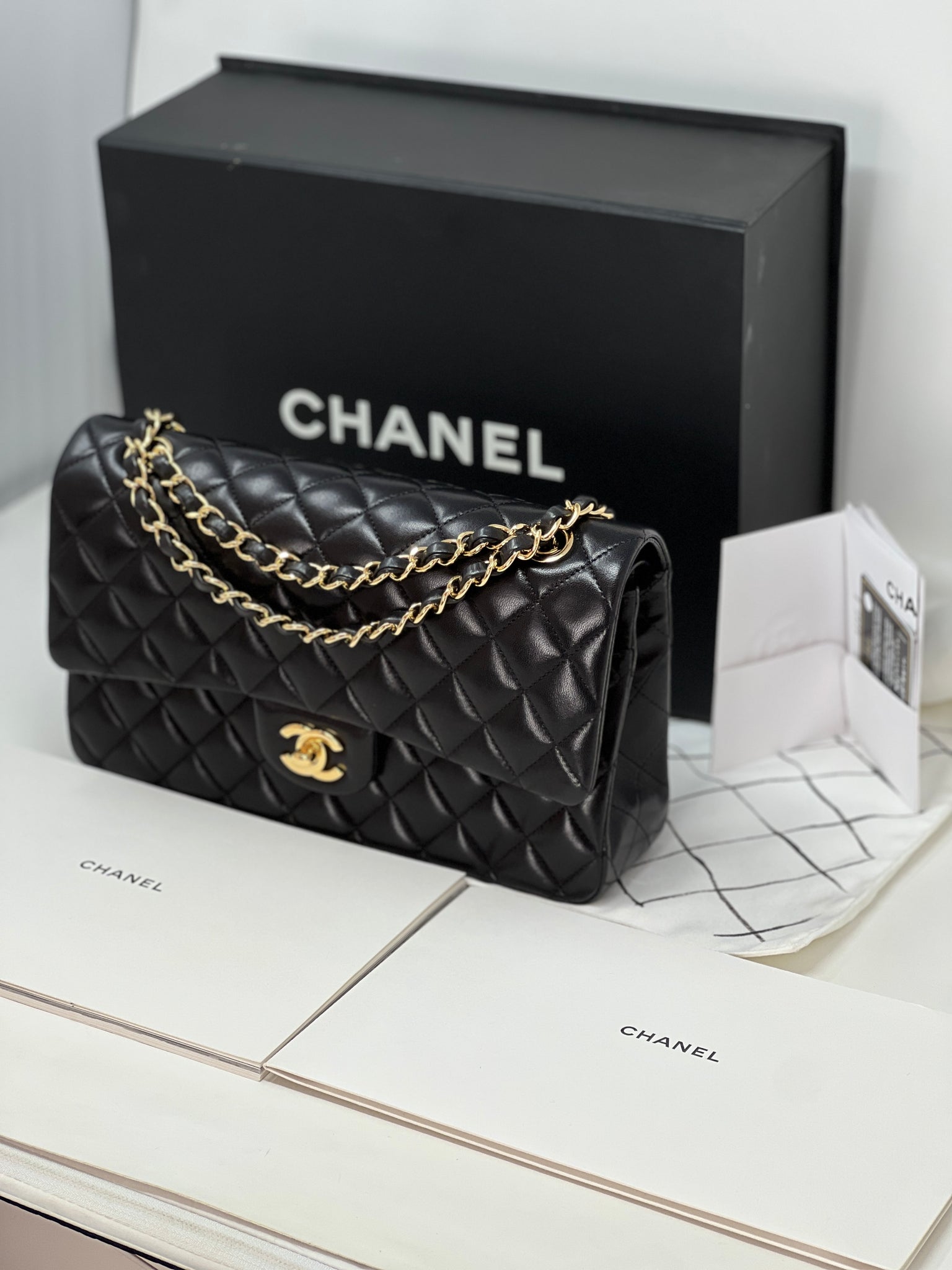 Chanel Classic Double Flap Bag Quilted Caviar Small/Medium Black 2019 BOX +  CARD