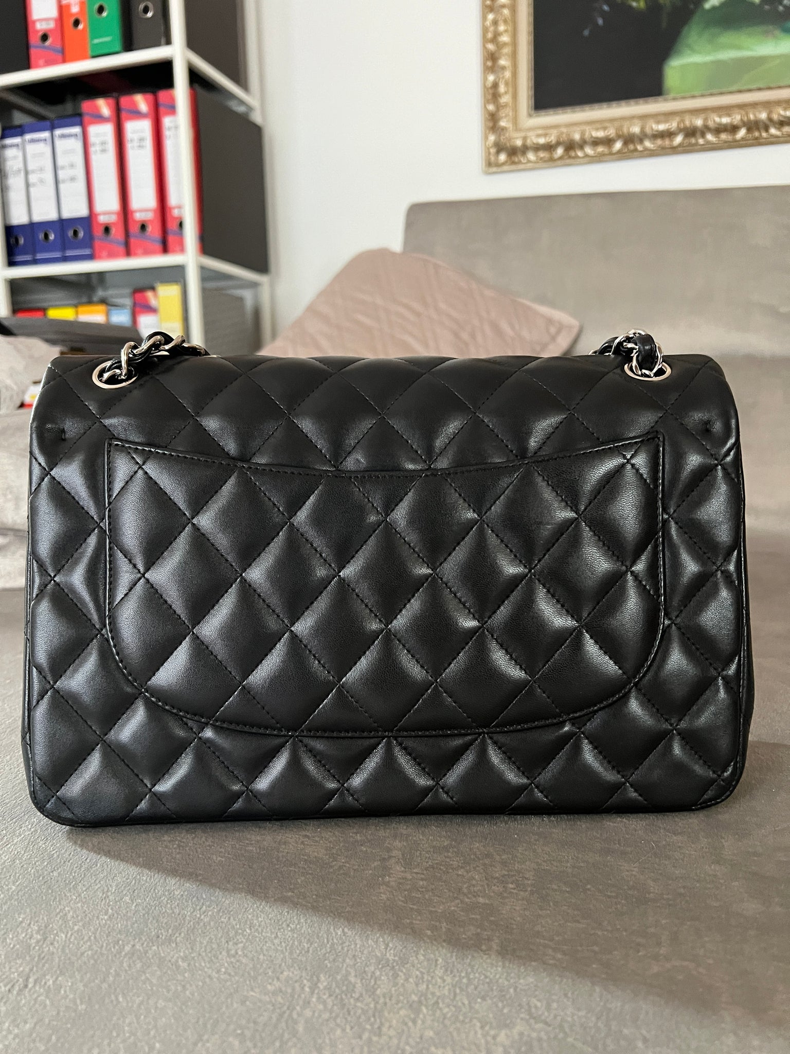 Chanel Timeless Black Medium Classic Double Flap Quilted Lambskin Bag 1991
