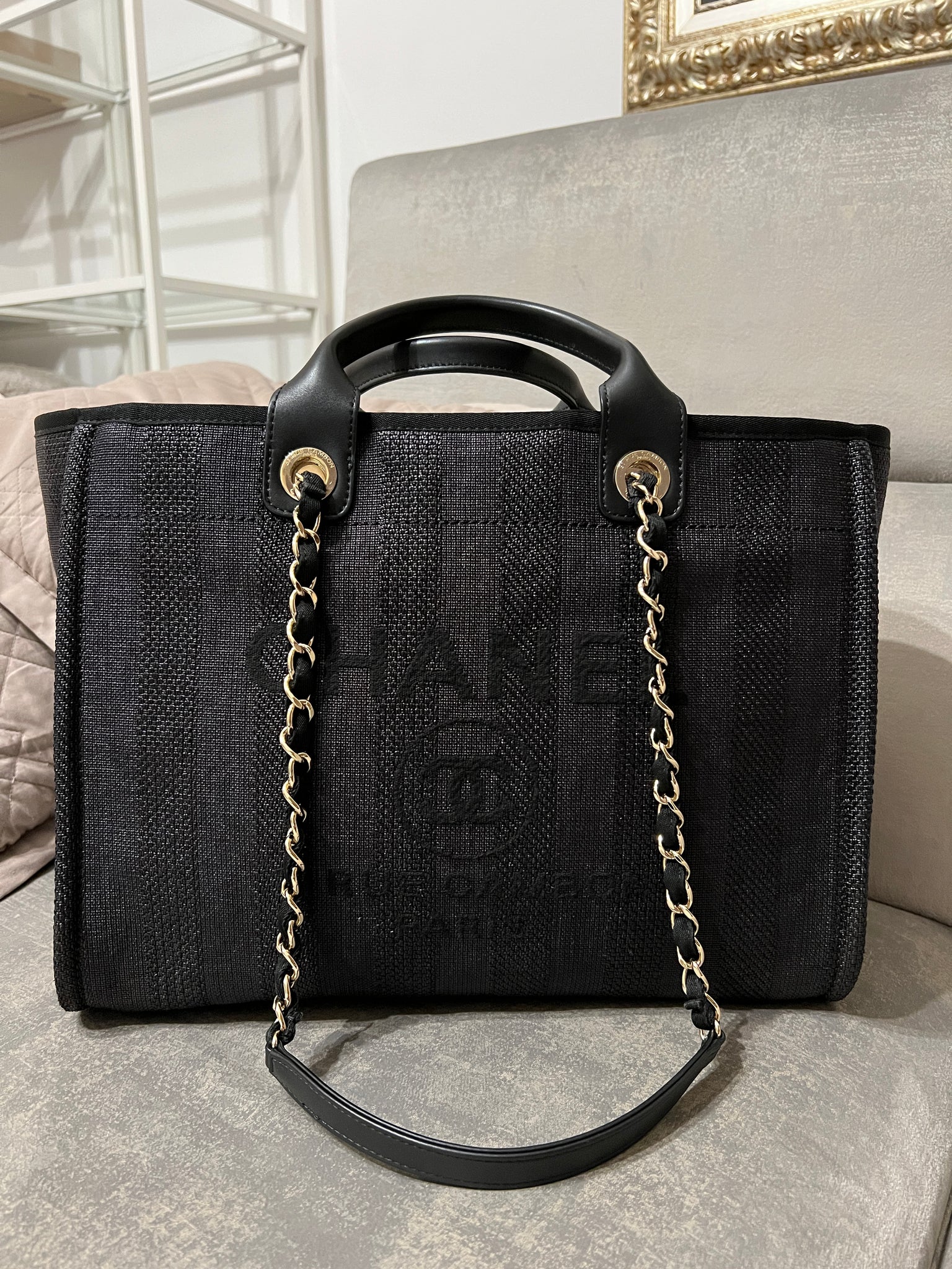 Chanel RARE Black Aged Calfskin Leather Medium Charms Deauville Tote Bag