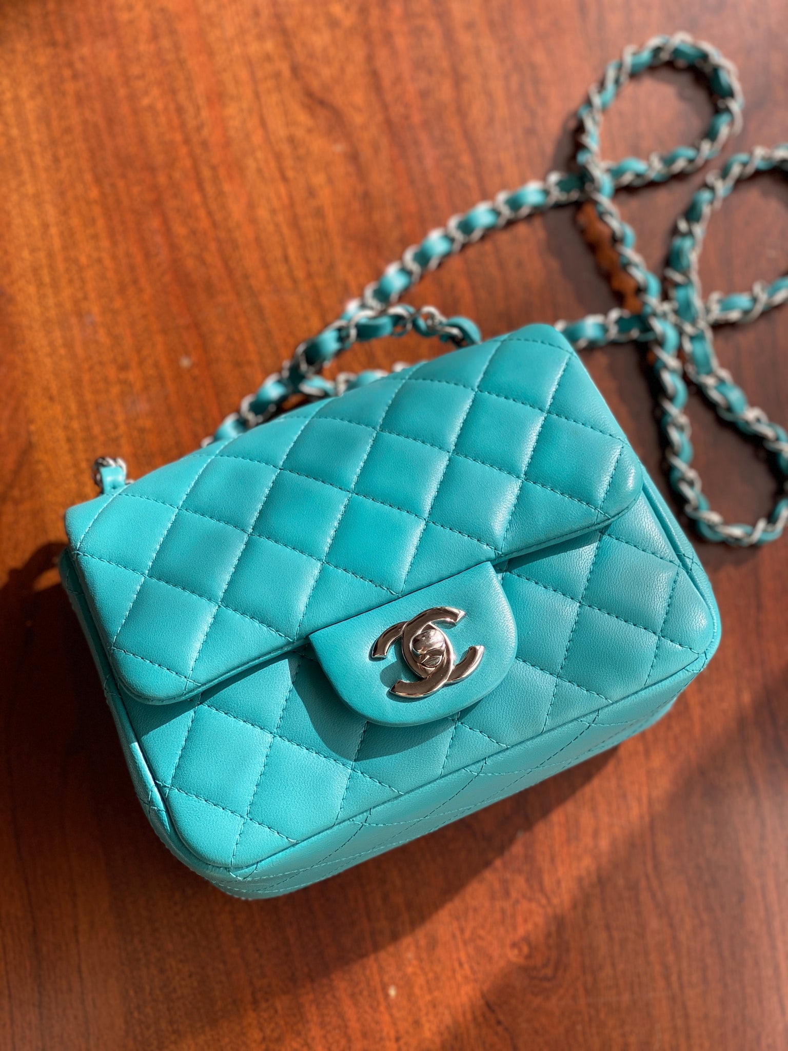 CHANEL, Bags, Rare Chanel Turquoise Blue Mini Flap Bag Gold Hardware